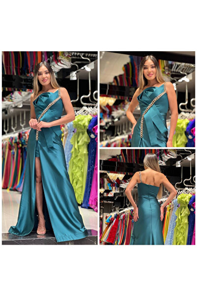 Sienna Fashion Τιρκουάζ μακρύ φόρεμα με σκίσιμο μπροστά και διακοσμημένο με α...