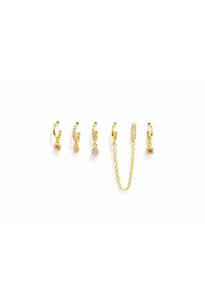 Venus Design Çelik Pembe Taşlı 6lı Set Küpe