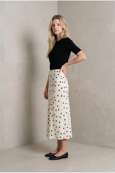 oyagüler Women's Ecru Polka Dot Verev Cut Satin Bell-Shaped Skirt Yy101399