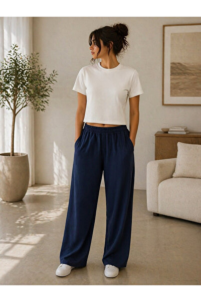 ZAVIXO Women's Basic Crop T-Shirt & Wide Leg Pants 2-Piece Set 100% Cotton Co...