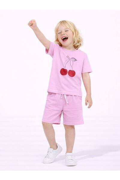 kr kids طقم شورت بناتي مطبوع عليه الكرز باللون الوردي الفاتح، مجموعة صيفية من...
