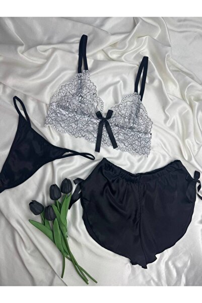 ROZENİN LINGERIE 3'Lü Fiyonk Detaylı Dantel Bralet Saten String Şort İç Çamaş...