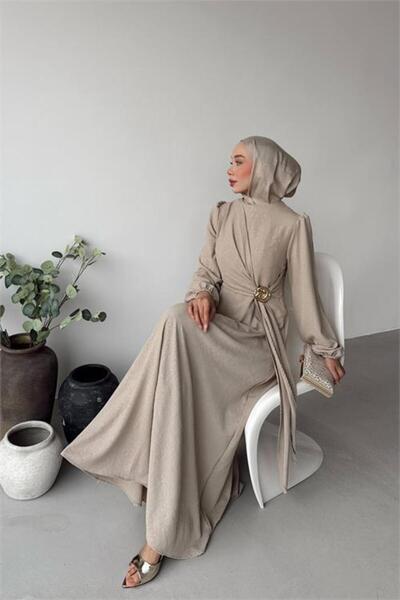 Neşeli Butik Women's Beige Gold Buckle Tie-Detailed Jacquard Hijab Dress Nms092