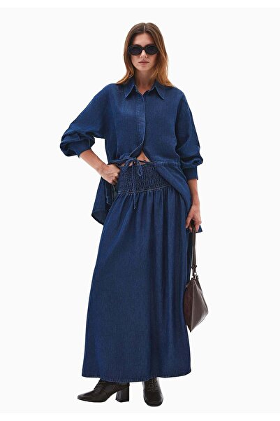 OXXO Long Denim Skirt With Gipe Details A-Line Form - MID BLUE DENIM