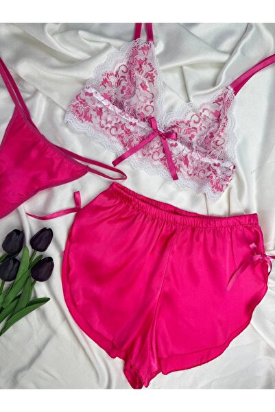 ROZENİN LINGERIE 3'Lü Fiyonk Detaylı Dantel Bralet Saten String Şort İç Çamaş...