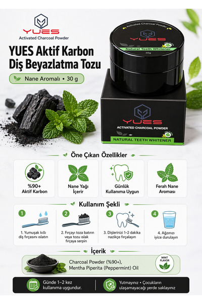 YUES Aktif Karbon Diş Beyazlatma Tozu 30 g - Naneli Doğal Diş Temizleme ve Ba...