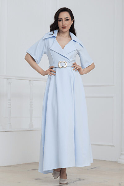 BEYBOS Διπλόστηθο φόρεμα με γιακά και ζώνη για καθημερινή χρήση - ΜΠΛΕ ΒΡΕΦΙΚΟ