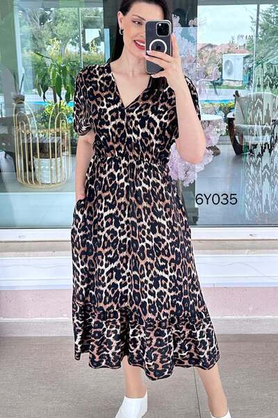 İnce Topuk Φόρεμα βισκόζης με λαιμόκοψη V και ελαστική μέση 6y035