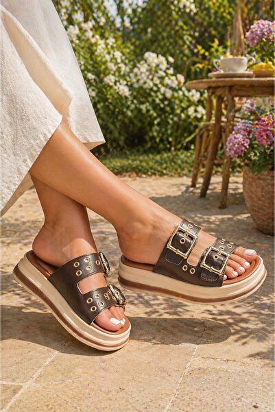 MODAONN Γυναικείες παντόφλες πλατφόρμας μποέμ με χρυσή πόρπη και έθνικ πινελιές