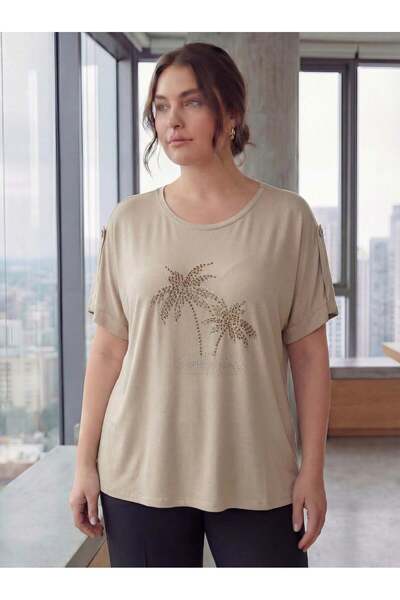 RMG Sleeve Detailed Stone Printed Plus Size T-Shirt Beige