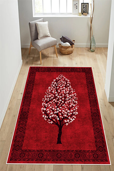 Pelura Halı Sakura Desenli Kırmızı Baskılı Kaymaz Yıkanabilir Salon Oturma Od...