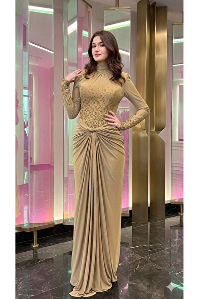 Kenzel Long Sleeve Embroidered Long Evening Dress