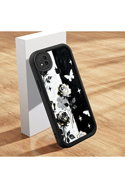 CASEVIBE Redmi 9C/10A Uyumlu Siyah beyaz gül desenli, şık silikon telefon kılıfı