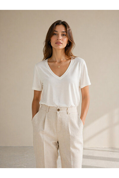 QUHOX Γυναικείο μπλουζάκι με λαιμόκοψη V, 100% ύφασμα μπαμπού, κανονική εφαρμ...