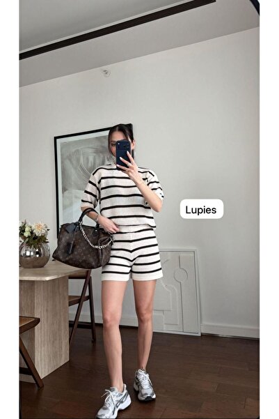 Lupies Women's Shorts-Blouse Brown Striped Knitwear Set