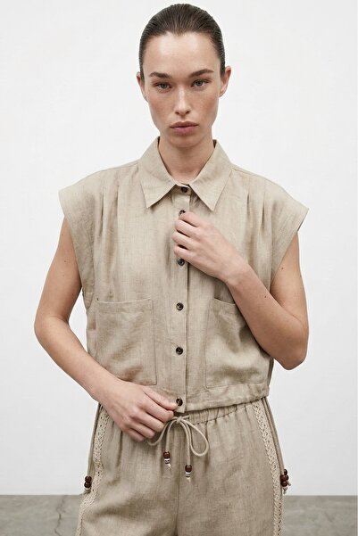 Quzu Αμάνικο πουκάμισο με λεπτομέρειες από χάντρες, μπεζ