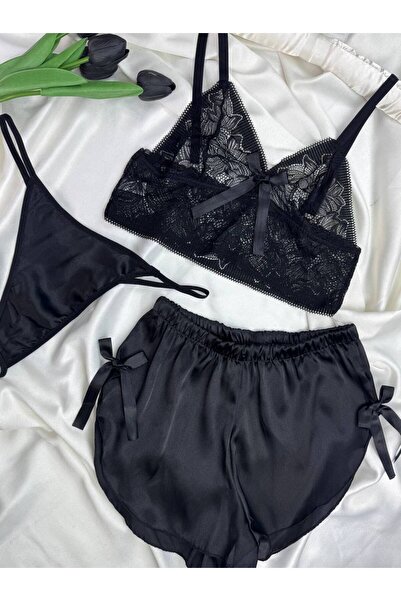 ROZENİN LINGERIE 3'Lü Fiyonk Detaylı Dantel Bralet Saten String Şort İç Çamaş...