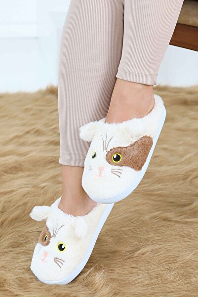 TOFİSA Γυναικείες Κρεμ Παντόφλες Σπιτιού με Λεπτομέρεια Κεντήματος Γάτας - 27...