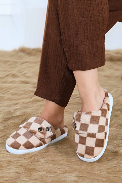 TOFİSA Γυναικείες Καφέ Καρό Παντόφλες Σπιτιού με Κουμπιά - 27780-ΚΑΦΕ