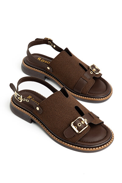 RİSSOLİ Γυναικεία πέδιλα με αγκράφα σε καφέ σουέντ χρώμα