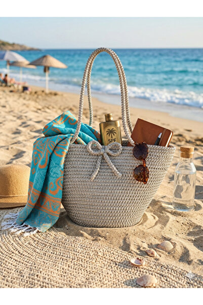 bayram taşcıoğlu home desing Midi Size Daily Vacation Beach Straw Lace-Up Bag...