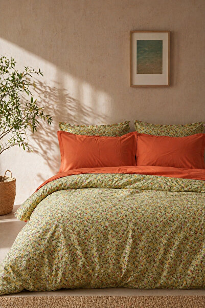 Yeşil Çiçek Pamuk King Size 220x240 Nevresim Takımı | 180x200x30 Lastikli Turuncu Çarşaf + 4 Yastık