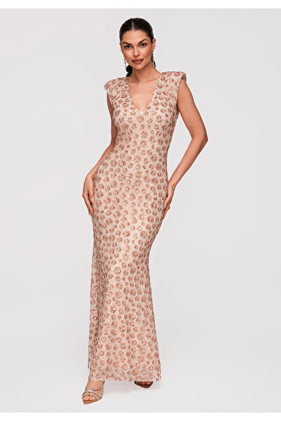 Larica Damen Abendkleid Pailletten V-Ausschnitt LA-OM-DLR341 Beige