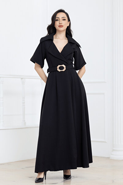 BEYBOS Rochie casual cu guler dublu și curea - NEGRU