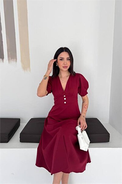 Neşeli Butik Γυναικείο μπορντό φόρεμα με λαιμόκοψη V, μήκους midi, με λεπτομέ...