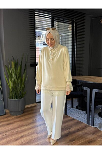 Suede Style 6441 - Άνετο, χαλαρό, βασικό γυναικείο μακρύ φούτερ με δαντέλα κα...