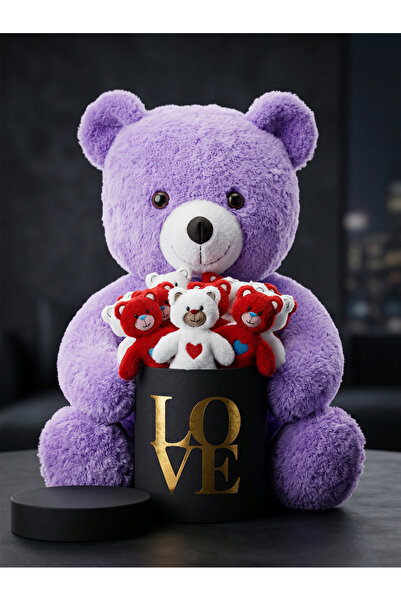 lenostra 55 cm Mor Peluş Ayıcık ve İçinden 15 Adet Mini Ayı Çıkan Love Kutu H...