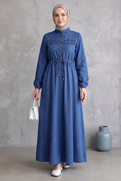 FERHEL Γυναικείο τζιν φόρεμα με λεπτομέρεια τσέπης και κορδόνια - indigo