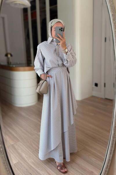 Ka Hijab Striped Skirted Poplin Suit - Brown