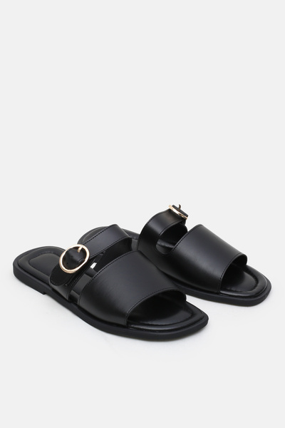 Cochines Γυναικείες παντόφλες Mira Μαύρες με ματ δέρμα και χρυσή αγκράφα, λεπ...