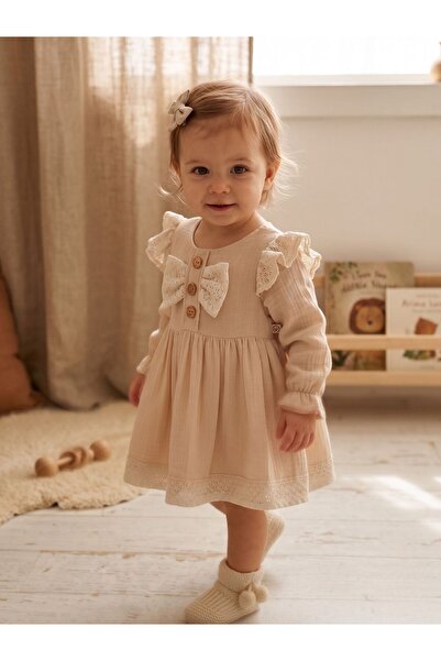 Cherrys Bebek Muslin Textured Lace Embroidered Baby Dress with Bow Detail