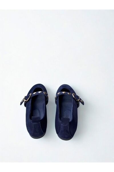 SALDA Genuine Leather Navy Blue Suede Buckle Mary Jane Ballerinas for Women