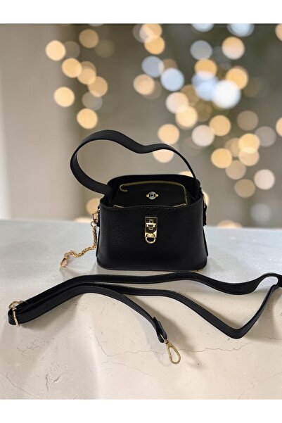 ahsenaksesuar2025 Black Leather Look Women's Bag with Mini Gold Buckle and Lo...