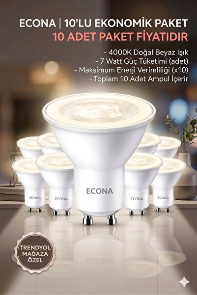 ECONA 7W Gu10 Led Spot Ampul 4000K Doğal Beyaz Işık (Gün Işığı) Enerji Tasarr...