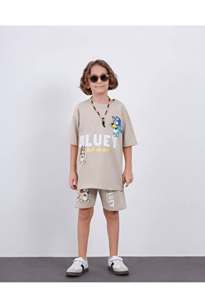 kr kids طقم شورت مطبوع باللون الأزرق للأولاد باللون البيج مكون من قطعتين