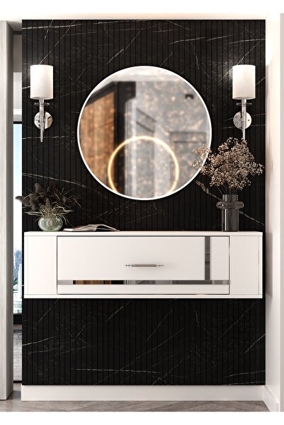 DEMONTE DECOR D7049DD-128 DUVARA MONTE TEK KAPAKLI PLEKSİLİ DRESUAR BEYAZ-GÜMÜŞ
