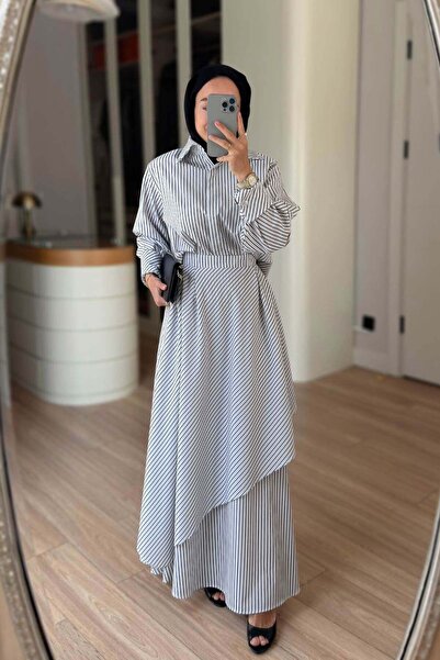 Ka Hijab Striped Skirted Poplin Suit - Black