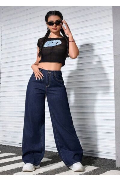 SAPAKTEKS Cristina Women's Dark Blue Stretch Fabric Super High-Waist Relaxed ...