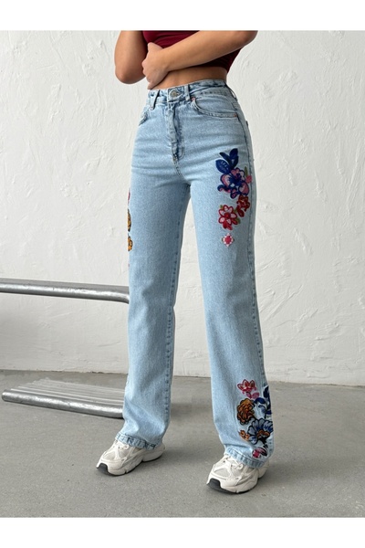 ADAMODA.RO Τζιν με φαρδιά μπατζάκια και φλοράλ κέντημα