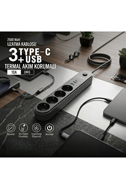 TTT Termal Akım Korumalı 4 Prizli USB Girişli Uzatma Kablosu