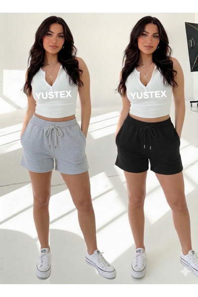 LAUSRA Γυναικείο σορτς 2 τεμαχίων - Μαύρο & Γκρι - Με κορδόνια στη μέση, ρυθμ...