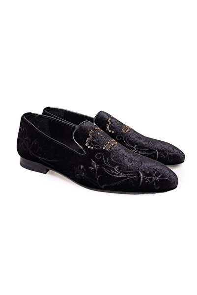 FRANCO CALVANI Black Color Laceless Velvet Men's Shoes