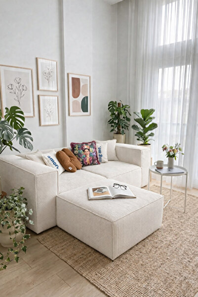 S Home Design Concept Frida 3 Modül Köşe (2 MODÜL VE PUF TAKIM), Fitilli Kırı...