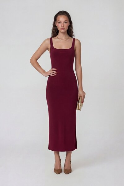 VAGGON Φόρεμα μίντι με τετράγωνο λαιμόκοψη, τιράντες και χαμηλή πλάτη με σκίσιμο