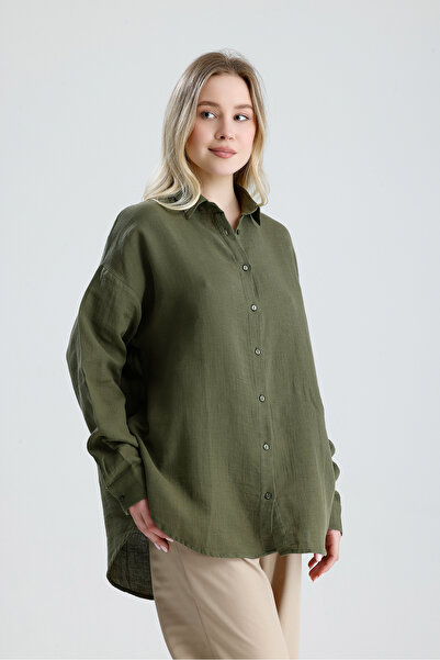 Manche Πλενόμενο πουκάμισο Oversize από 100% βαμβάκι μουσελίνας - Χακί |   MK...