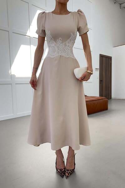 mylove Balloon Sleeve Lace Waist Detail Dress Beige